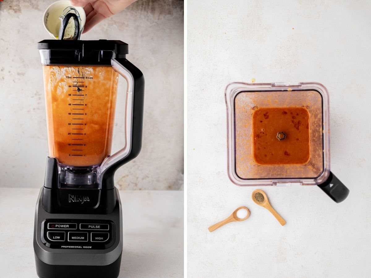 Oil slowly added to dressing ingredients in the blender.