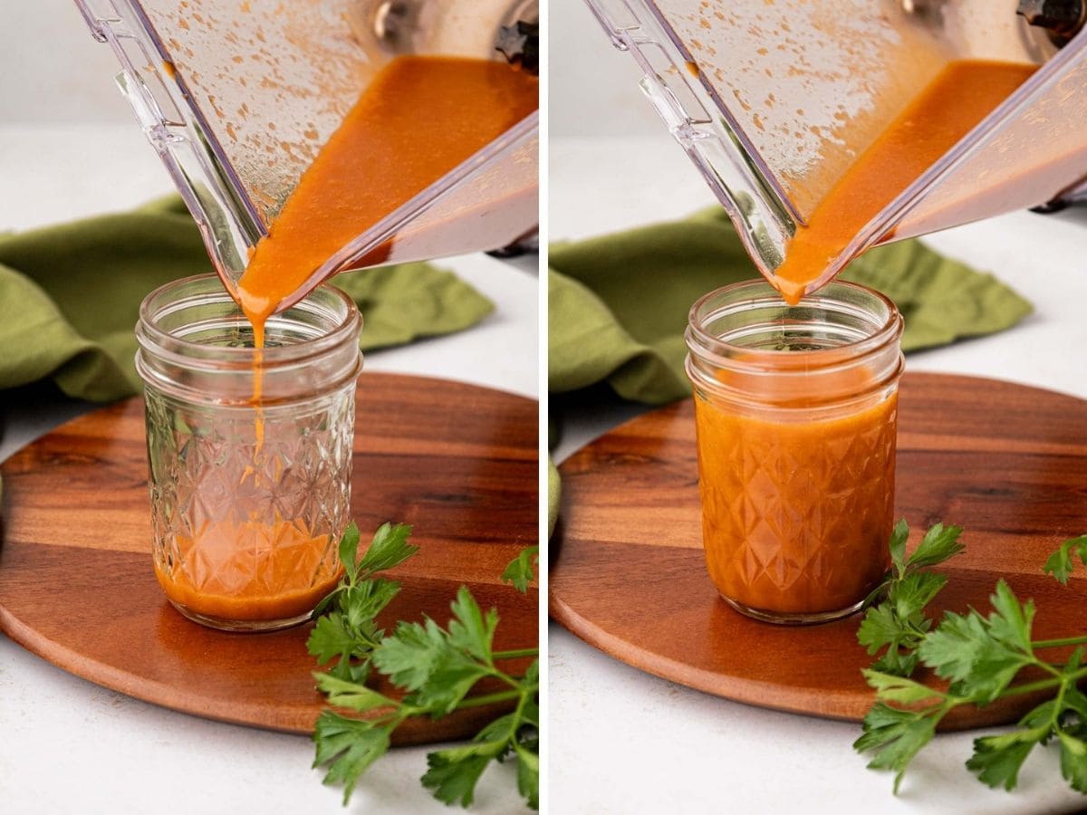 Pouring catalina dressing into a mason jar to store.