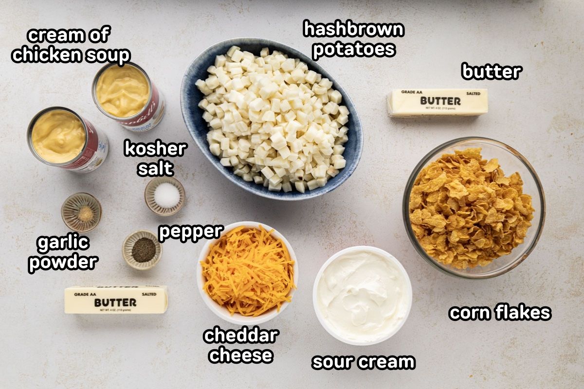 A labeled image of ingredients needed to make cheesy potato casserole.