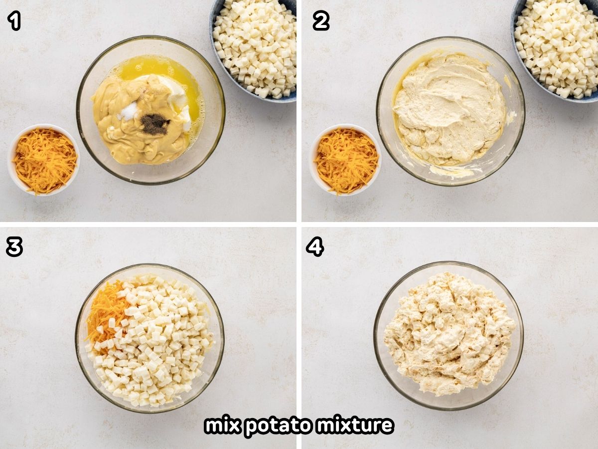 A collage image, mixing soup mixture and adding potatoes to combine.