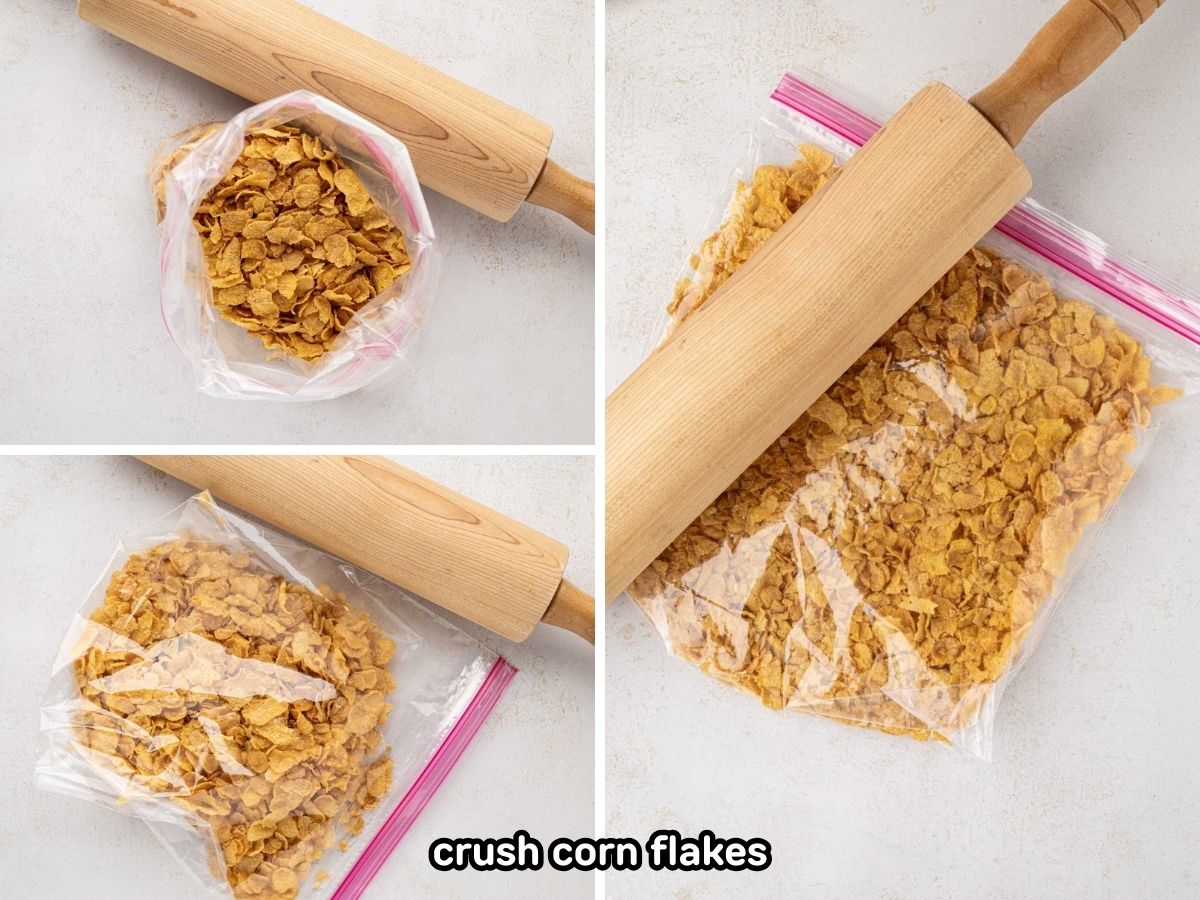 A collage image of crushing cornflakes with a rolling pin in a Ziploc bag.