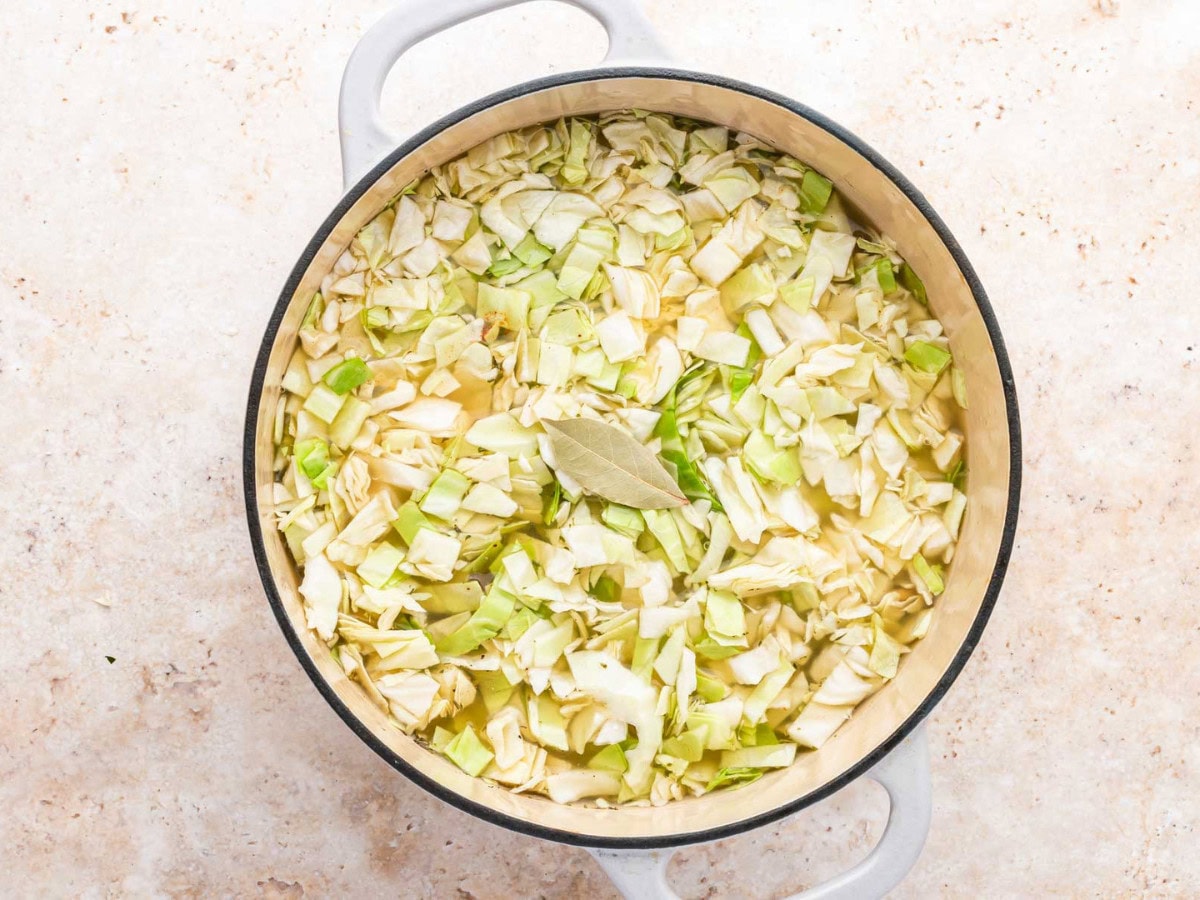Cabbage, bay leaf, and chicken broth added to the large pot.