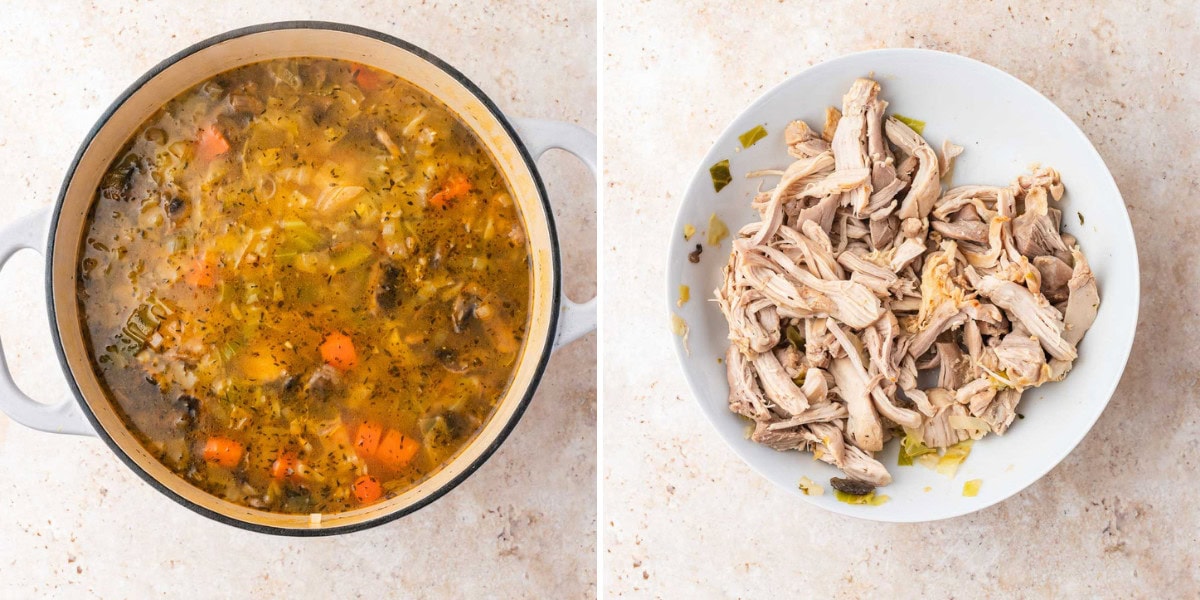 Side by side photos of chicken cabbage soup and shredding the chicken from the soup.