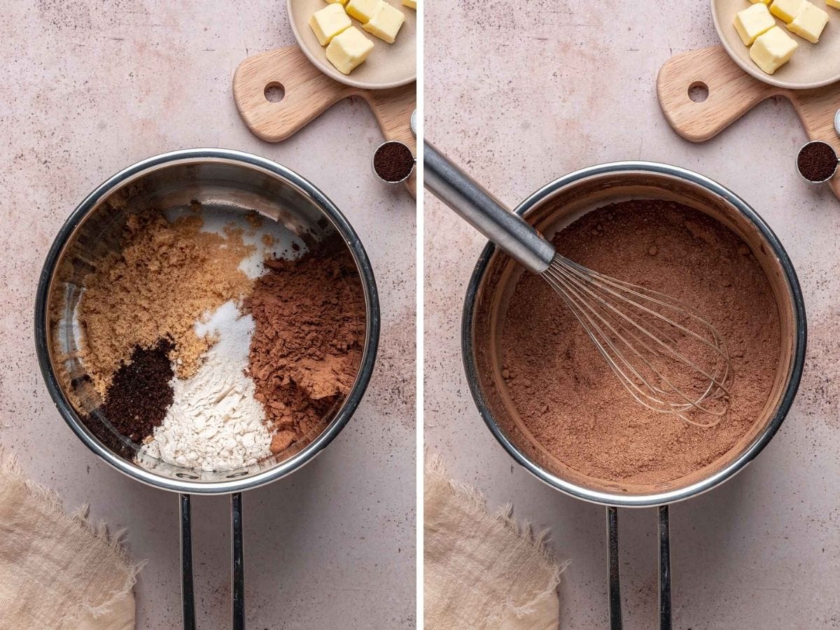 Brown sugar, granulated sugar, flour, cocoa powder, and espresso powdered whisked together in a sauce pan.