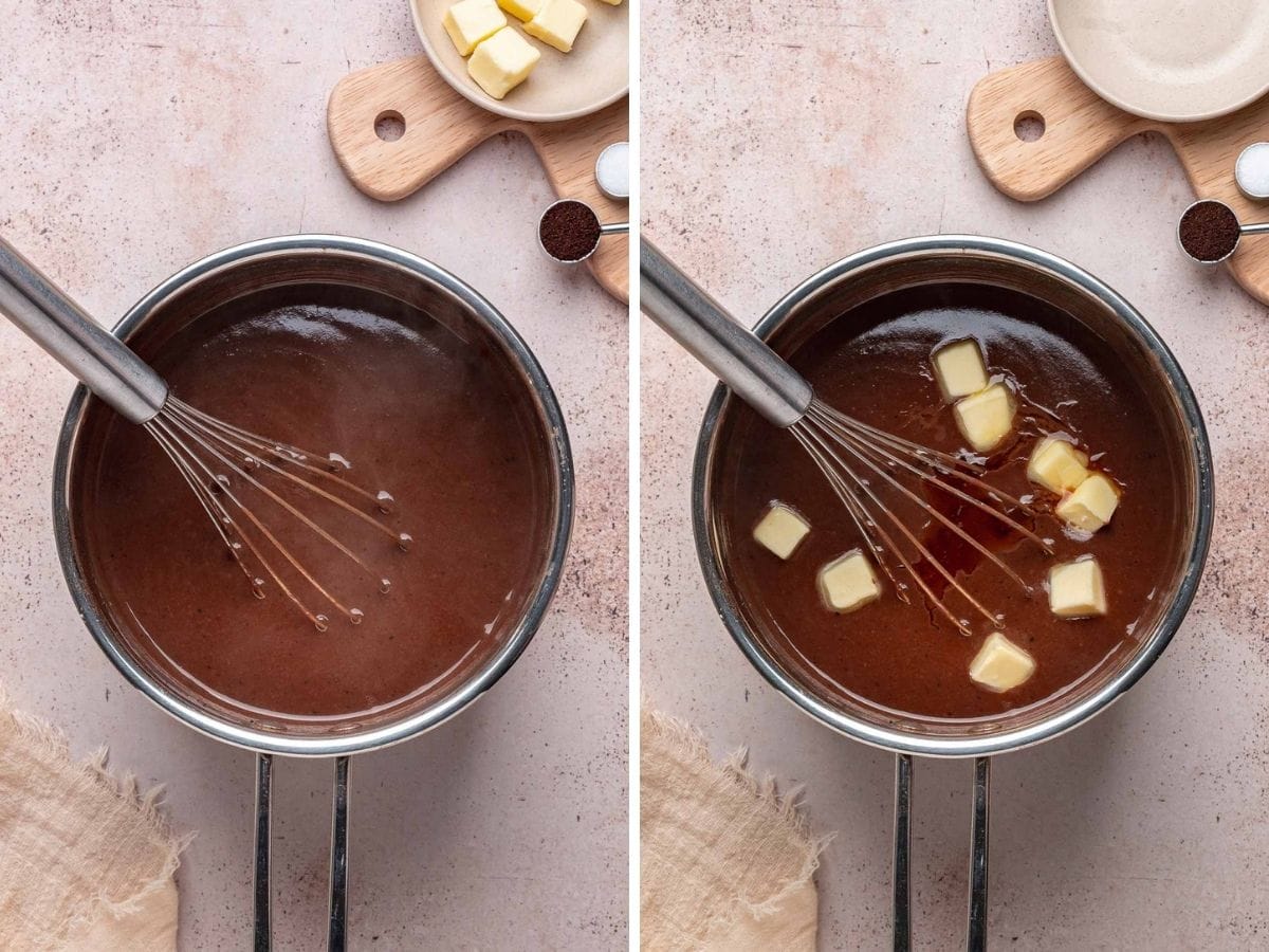 Butter added to chocolate gravy in a saucepan.