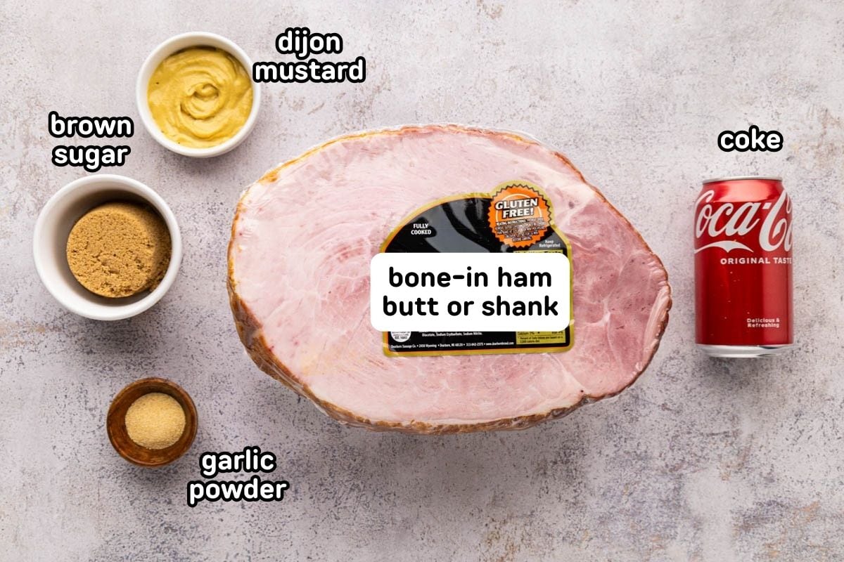 A labeled image of ingredients need to make a coke glazed ham.