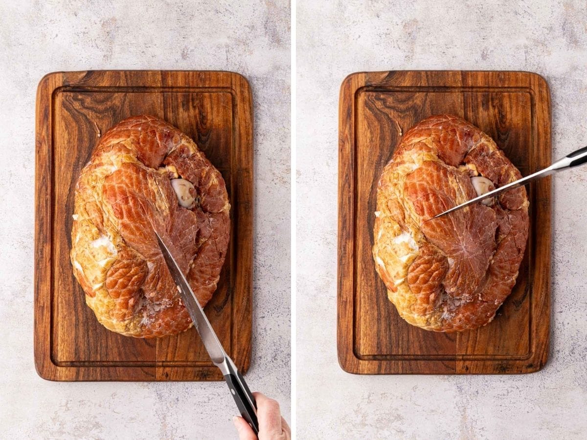 It's going the ham in a crisscross pattern with a sharp knife.