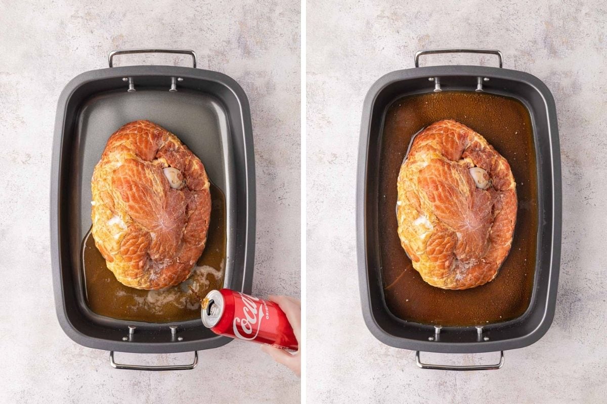Pouring a can of Coke around the ham and a roasting pan.