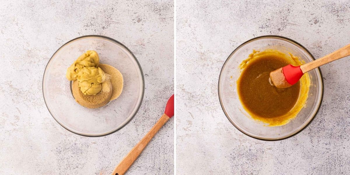 Mixing the mustard and brown sugar glaze in a bowl.