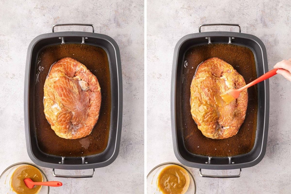 Adding the mustard glaze to the top of the ham.