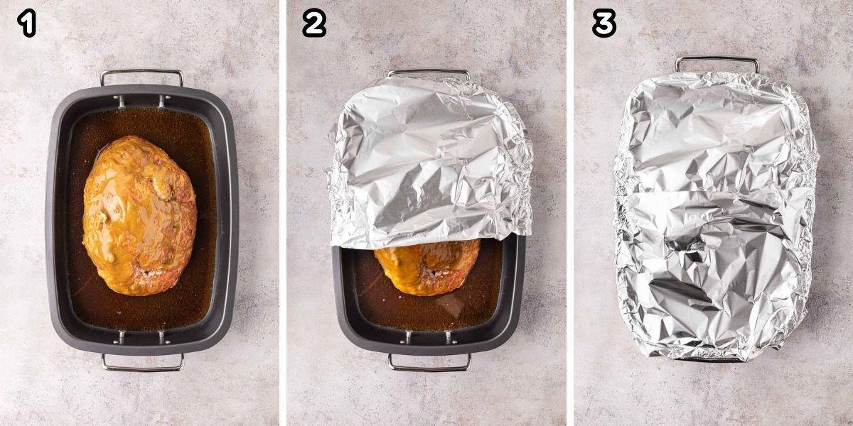 Covering the ham with foil.