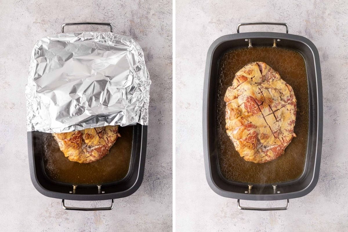 Removing the foil from the ham to add it back to the oven and bake uncovered.