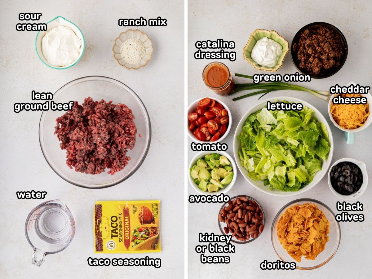 A labeled image of ingredients needed to make Doritos taco salad.