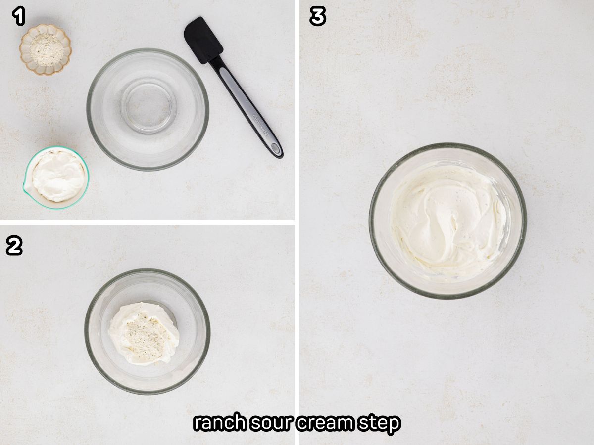 A collage image showing mixing dry ranch mix and sour cream until combined.