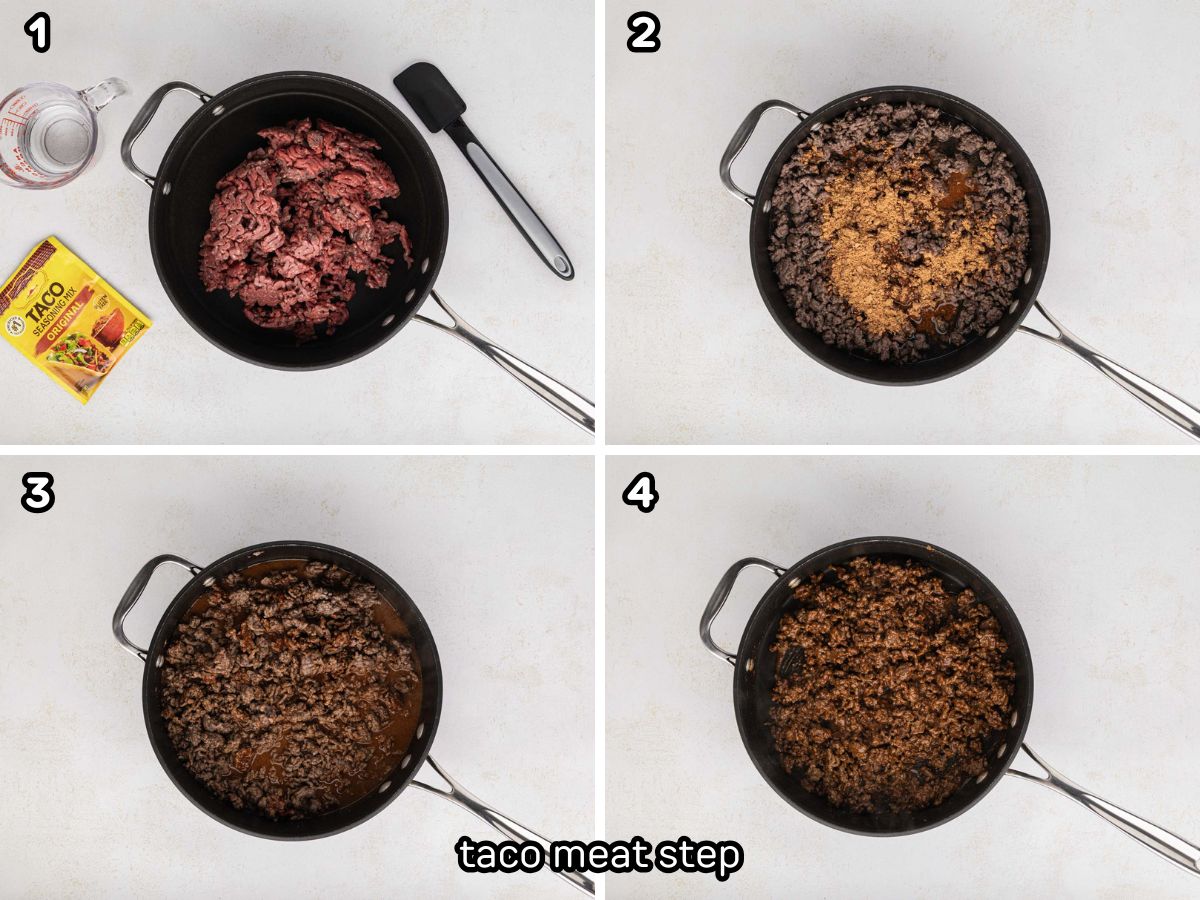 A collage image showing cooking ground beef and adding taco seasoning and water until thickened.