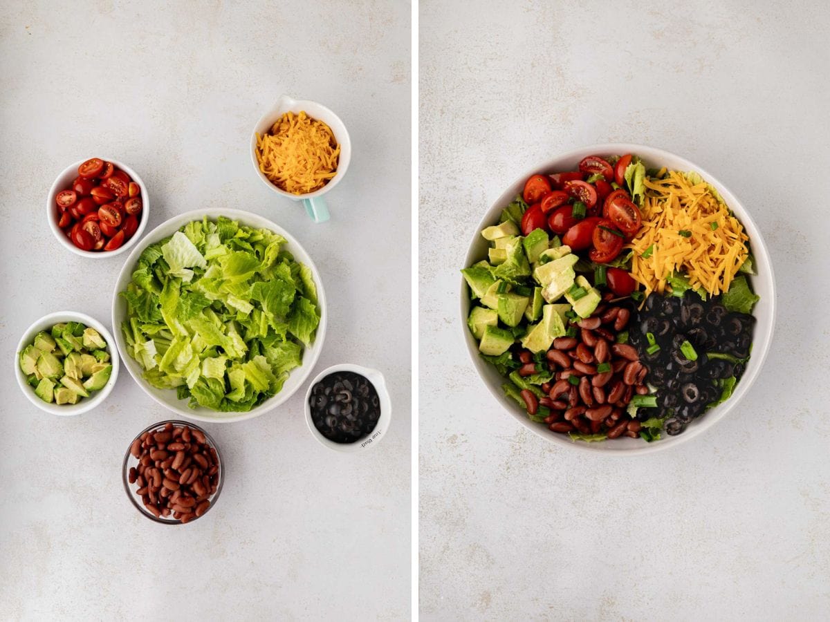 Adding ground beef, avocado, tomatoes, cheese, black olives, two lettuce.