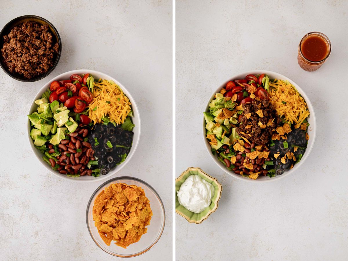 Adding on ground beef and Doritos to the taco salad.