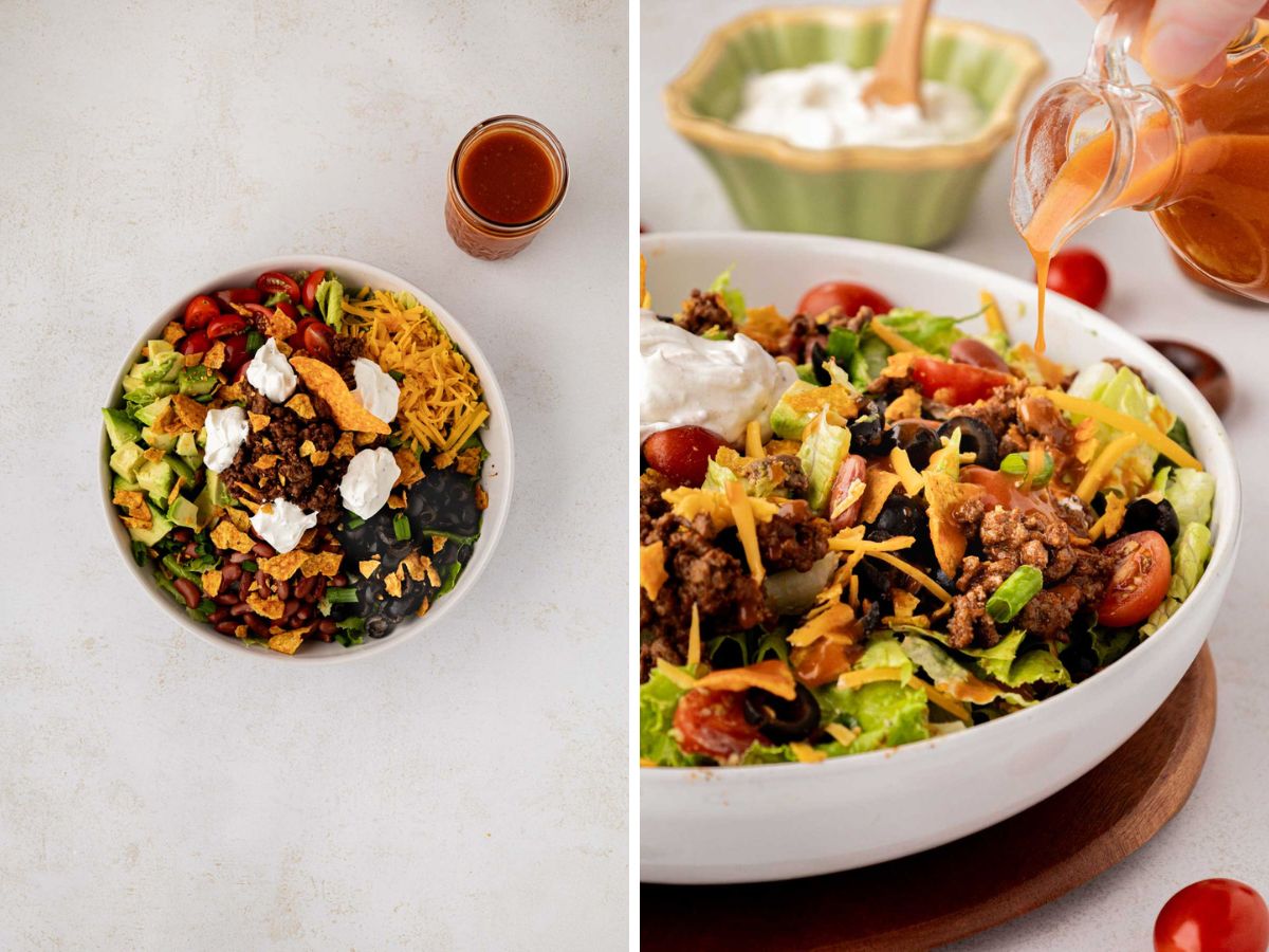 Adding sour cream and drizzling on Catalina dressing.