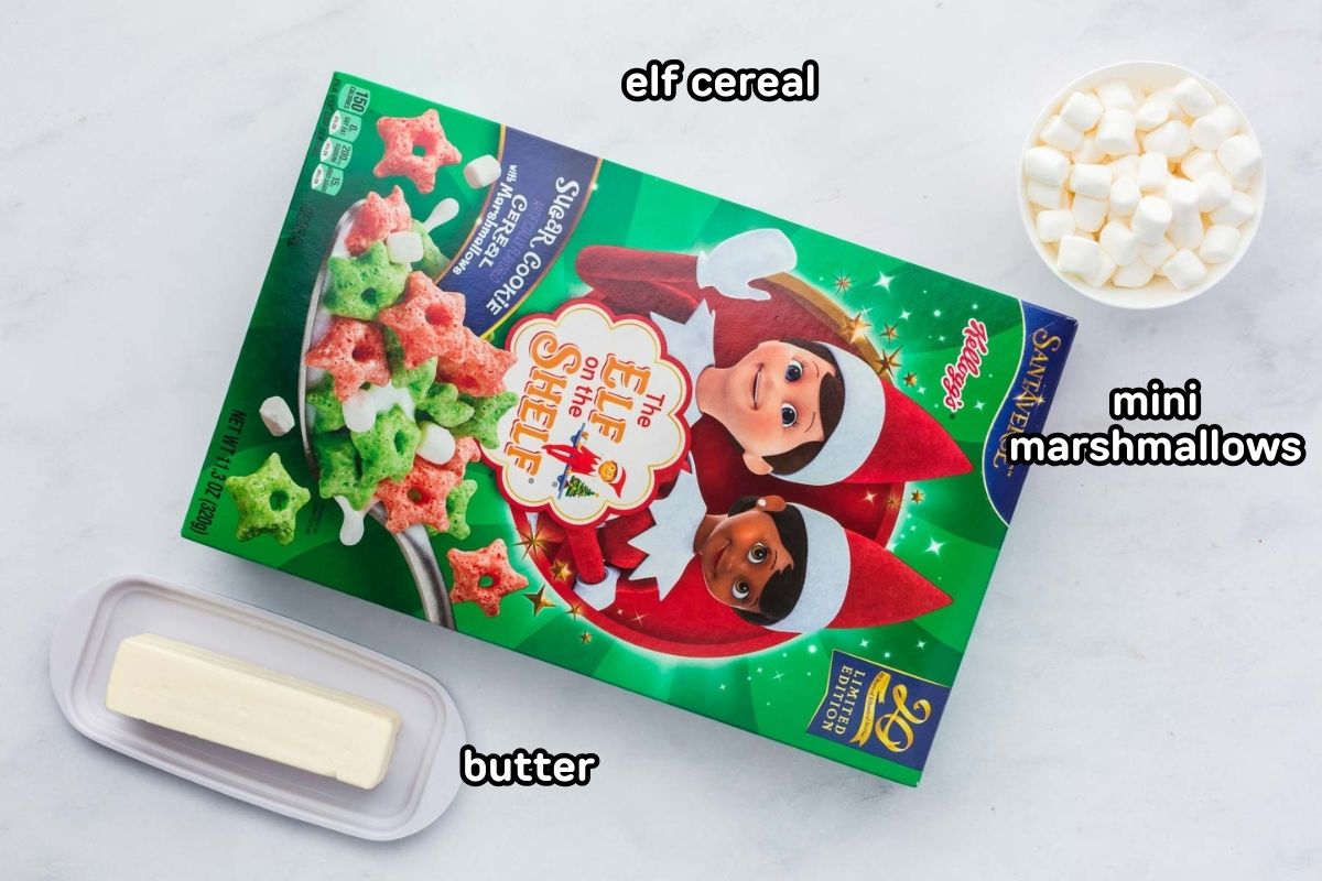 Ingredients needed to make Elf on a Shelf cereal treats.