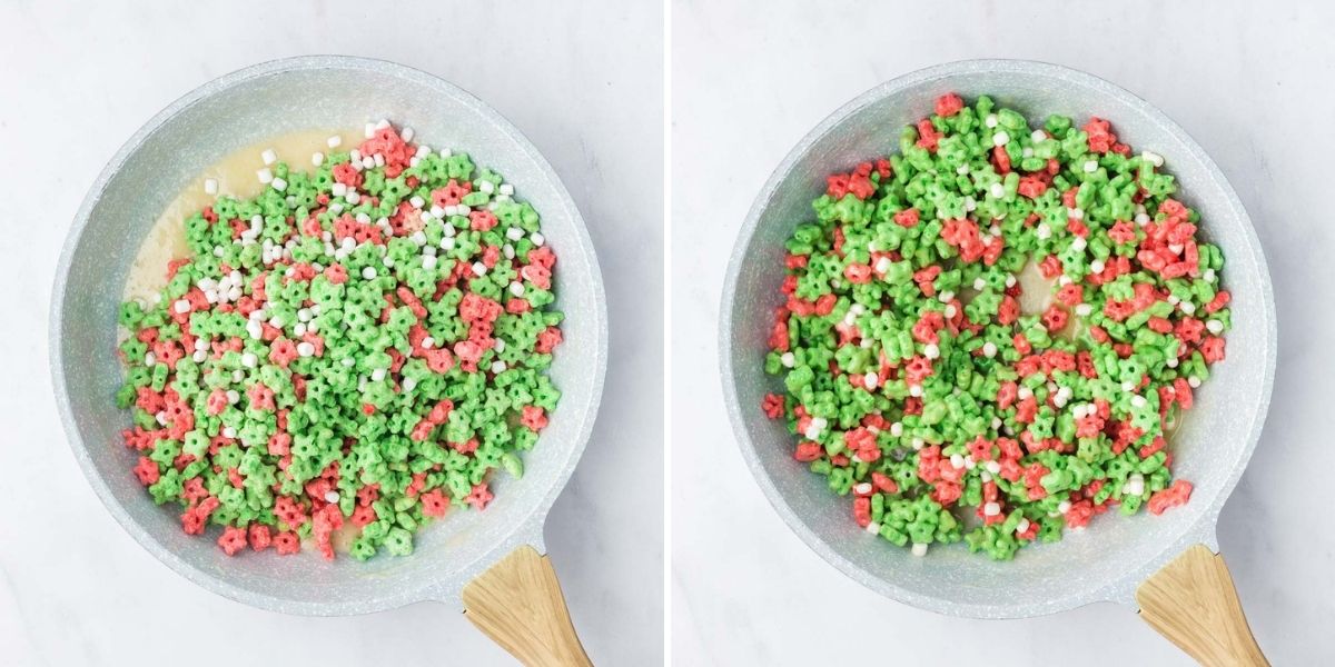 Side by side photos of adding the elf on a shelf cereal to the skillet.