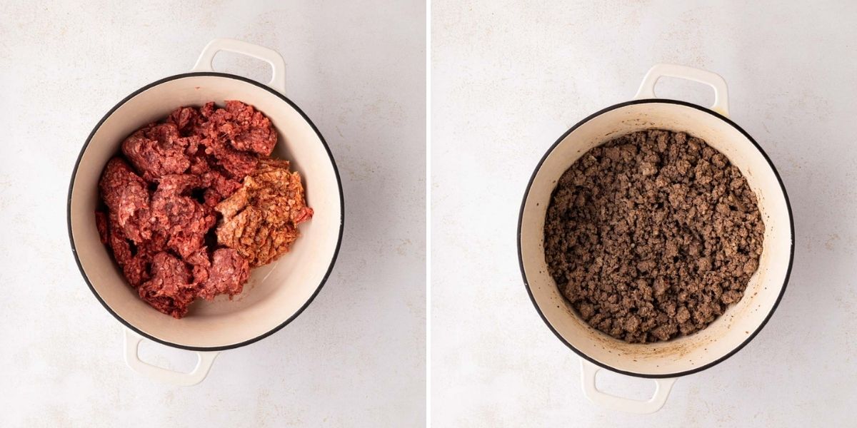 Ground beef and Italian sausage cooked, and a Dutch oven.