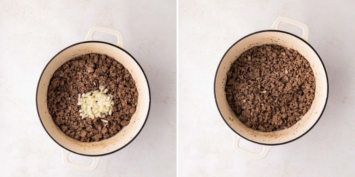Diced onion added to ground beef to sauté.