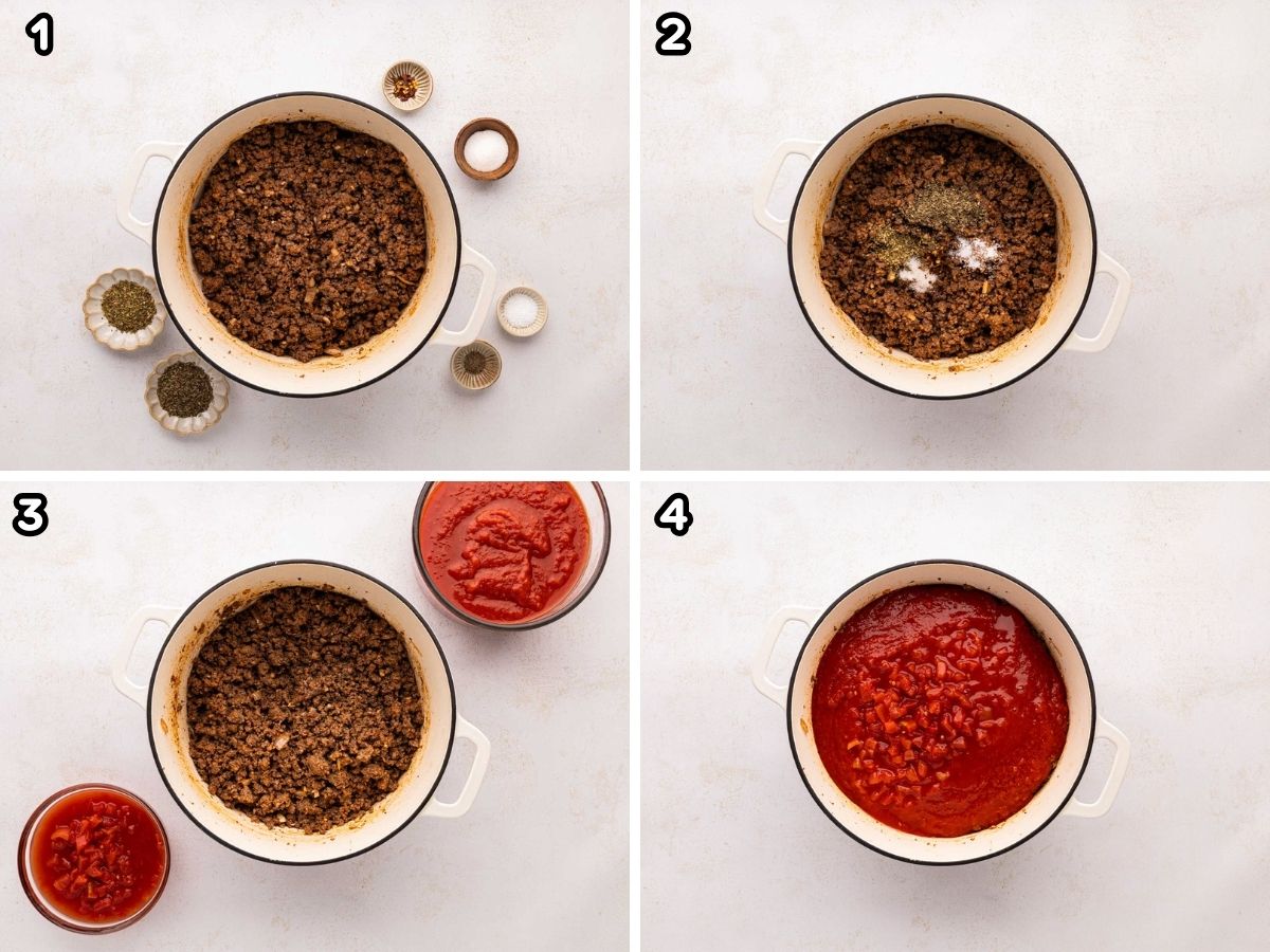 Adding in spices seasonings and tomatoes to the ground beef mixture.