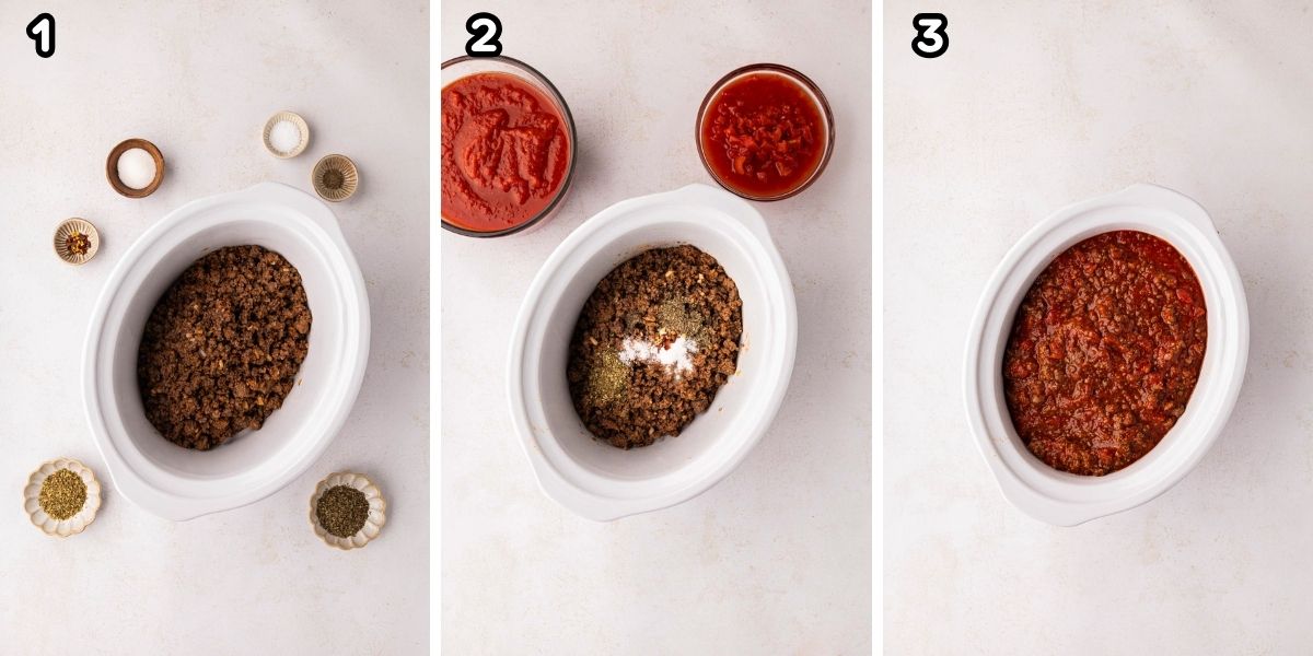 Ground beef mixture, seasonings, and tomato added to the slow cooker.