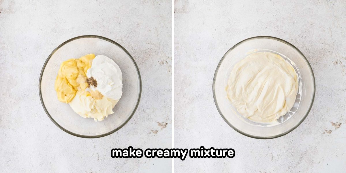 Stirring creamy mixture for casserole and a glass dish.