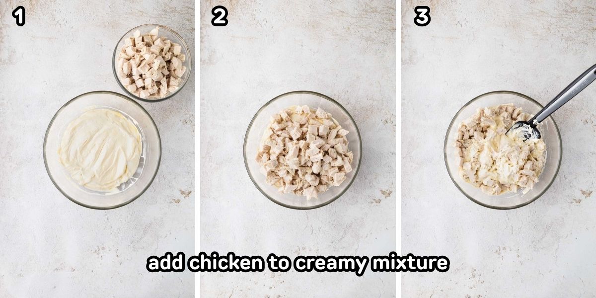 Adding cooked chicken to the creamy mixture.