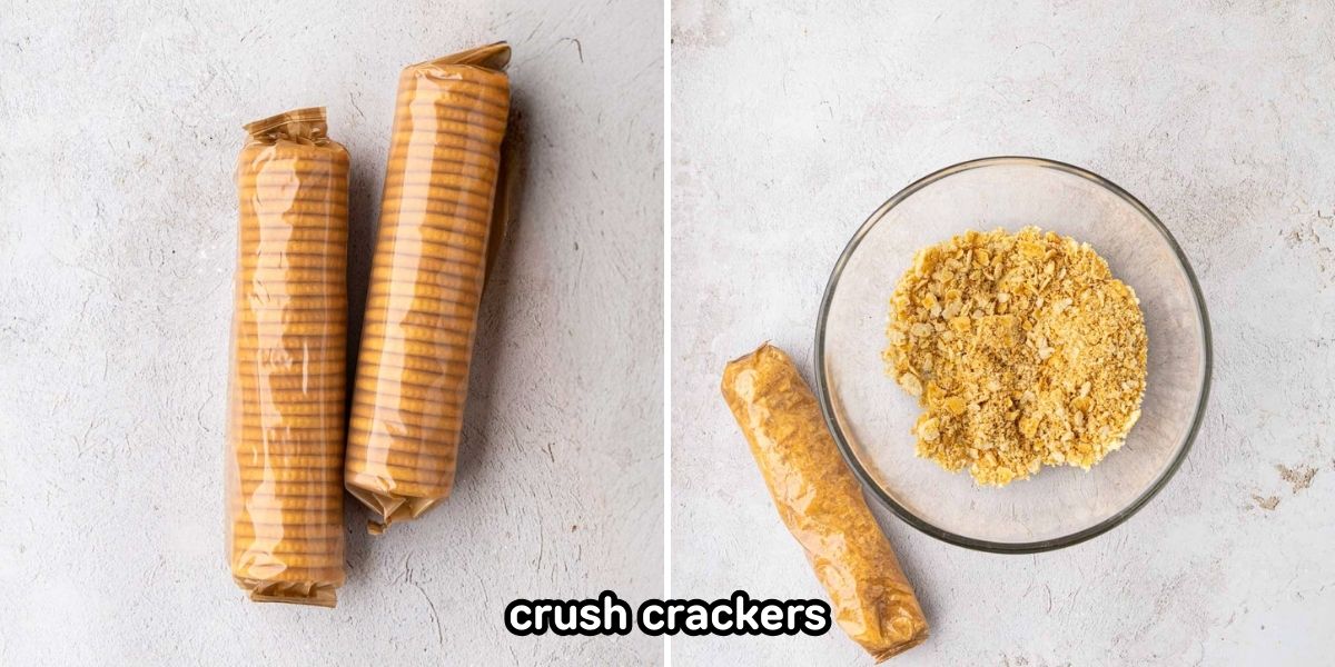 Adding crushed crackers to a bowl.