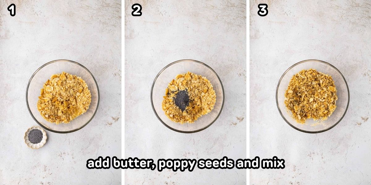 Adding melted butter, poppy seeds to the crush cracker mixture and stirring to combine.