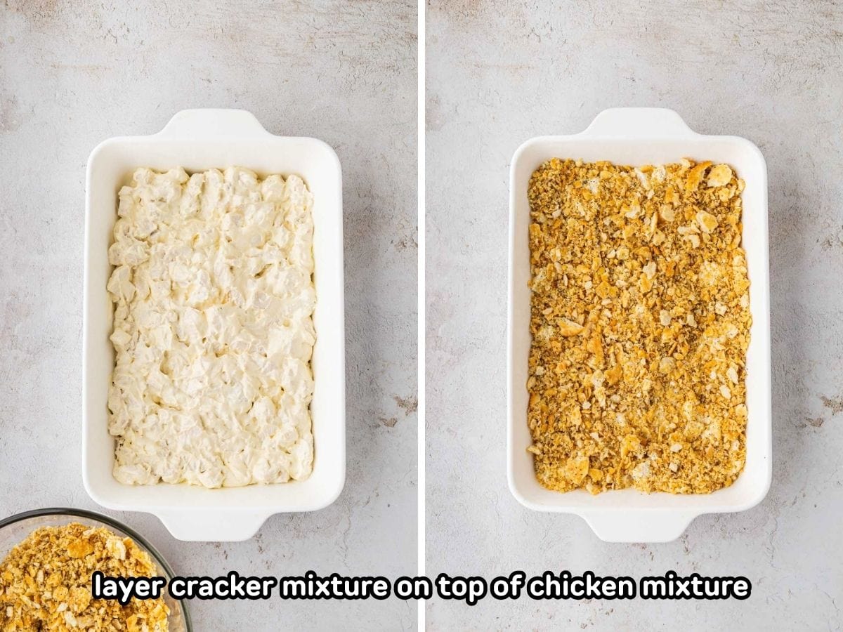 Adding crushed cracker mixture to the top of the chicken filling.