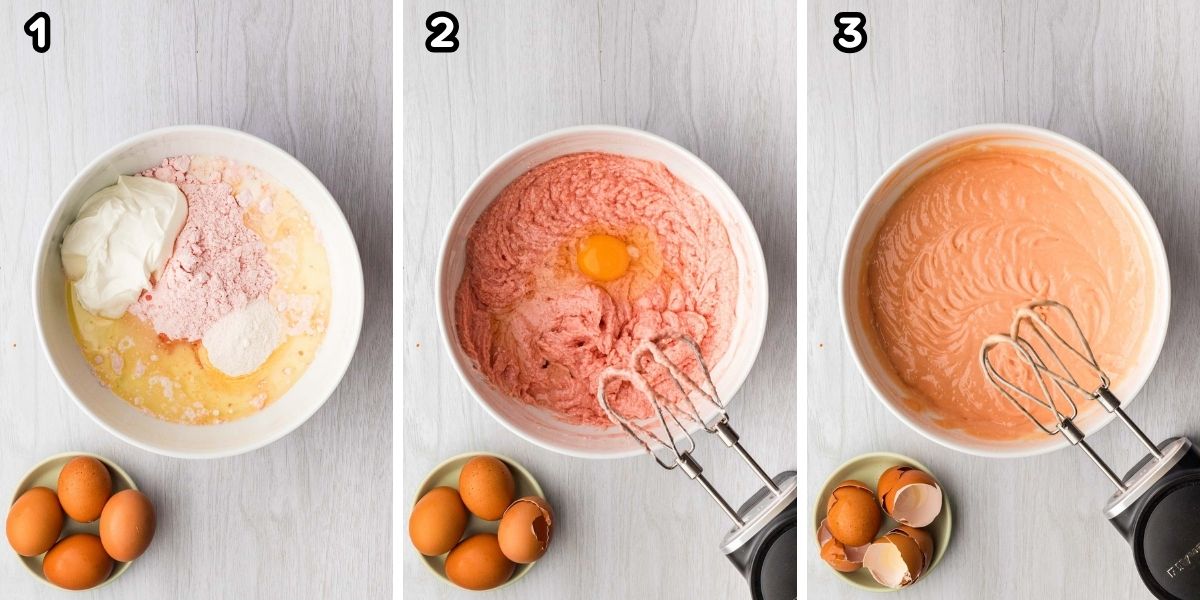 Side by side photos of prepping the strawberry cake batter in a bowl.