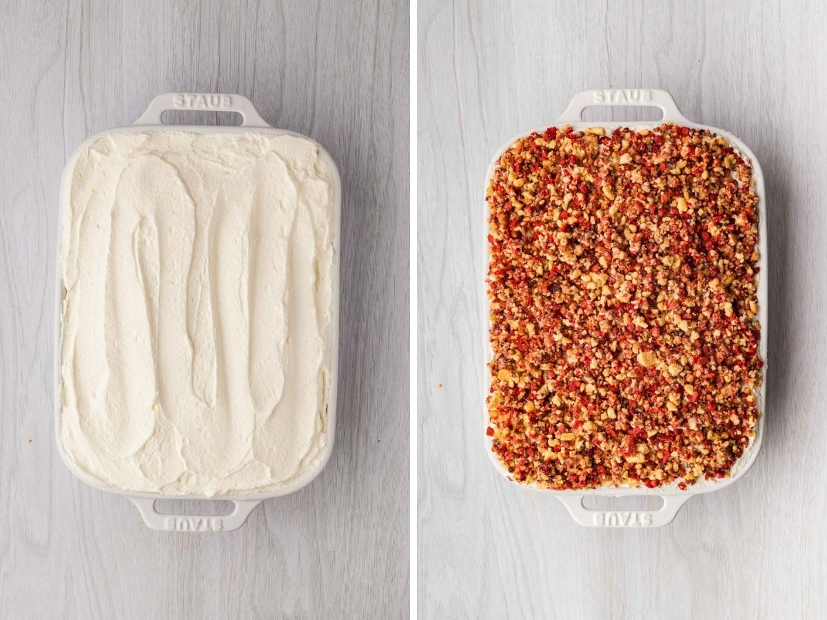 Side by side photos of assembling the strawberry crunch cake with whipped cream icing and crunchy strawberry topping.
