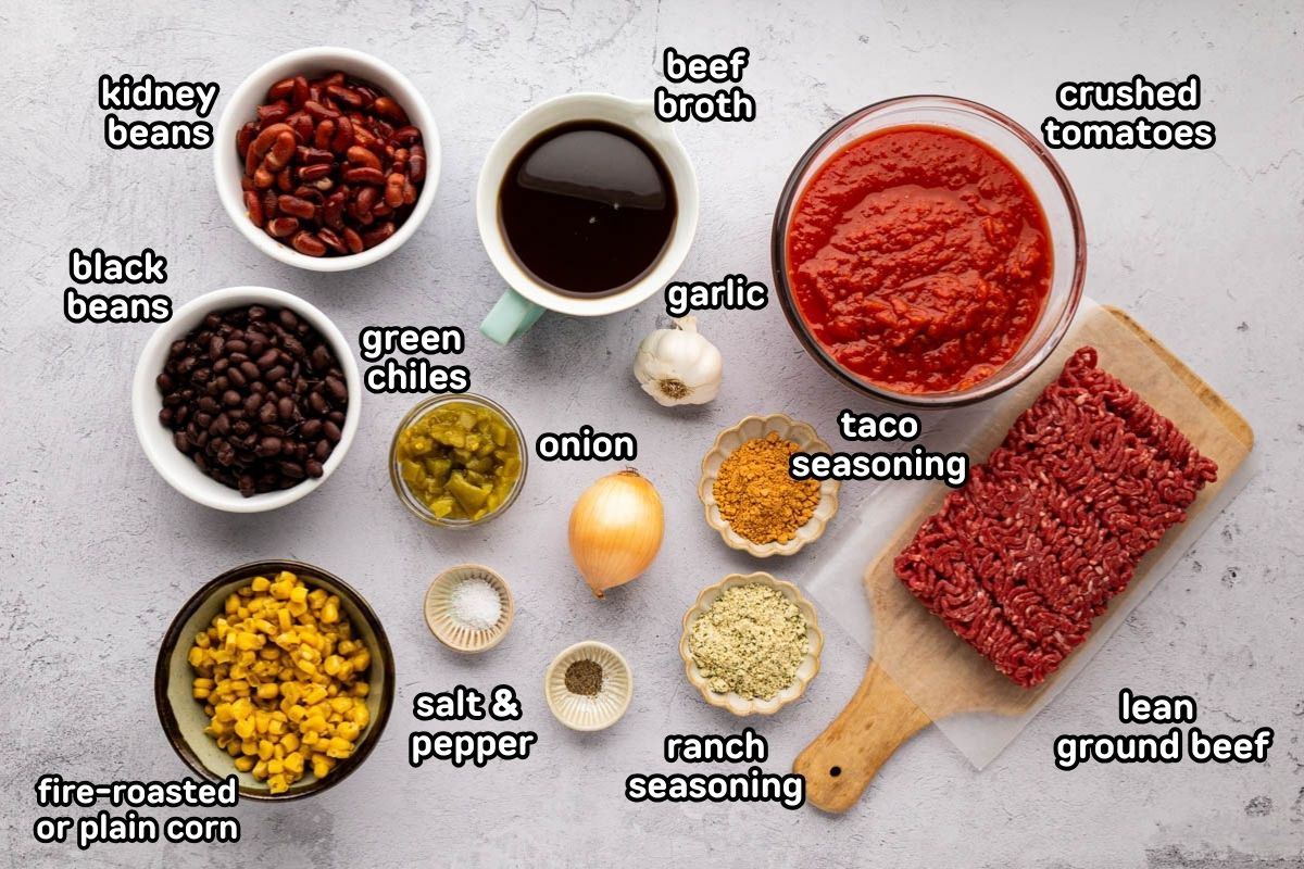 A labeled image of ingredients needed to make taco soup.