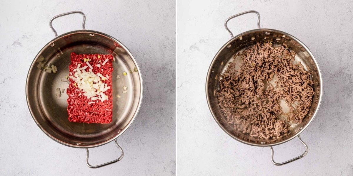 A collage image image showing ground beef and onion, added to a skillet and cooked.