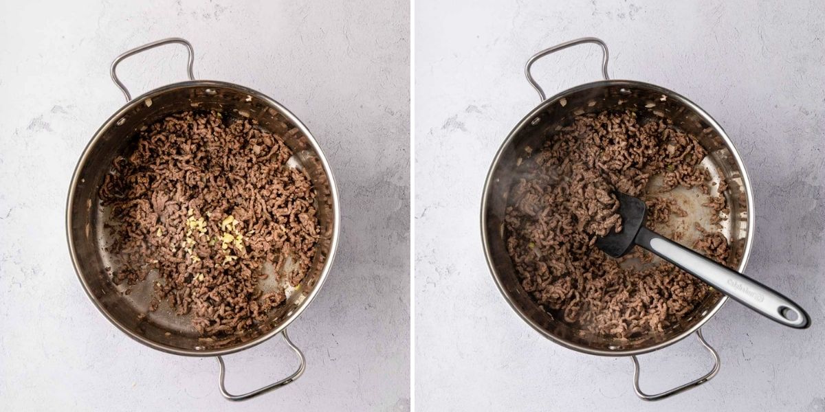 A collage image showing mince garlic, added to ground beef and onion mixture and start to combine and cook.