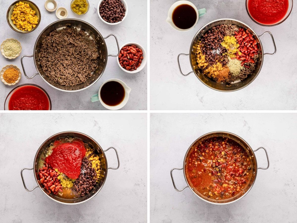 A four image collage of ingredients around cooked ground beef mixture and then then added it to the soup pot and started to combine.
