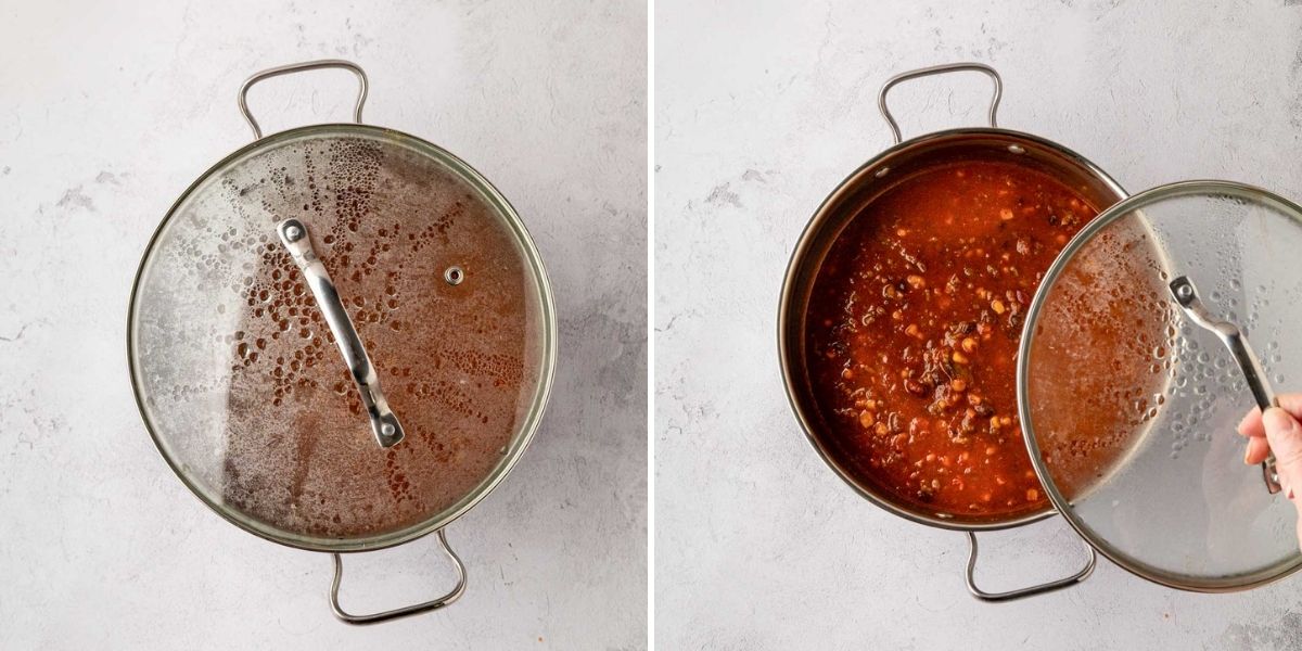 A two image collage showing taco soup with a lid on and then a image removing the lid from the cooked soup.