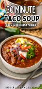 30 Minute Taco Soup with Ground Beef recipe Pinterest image