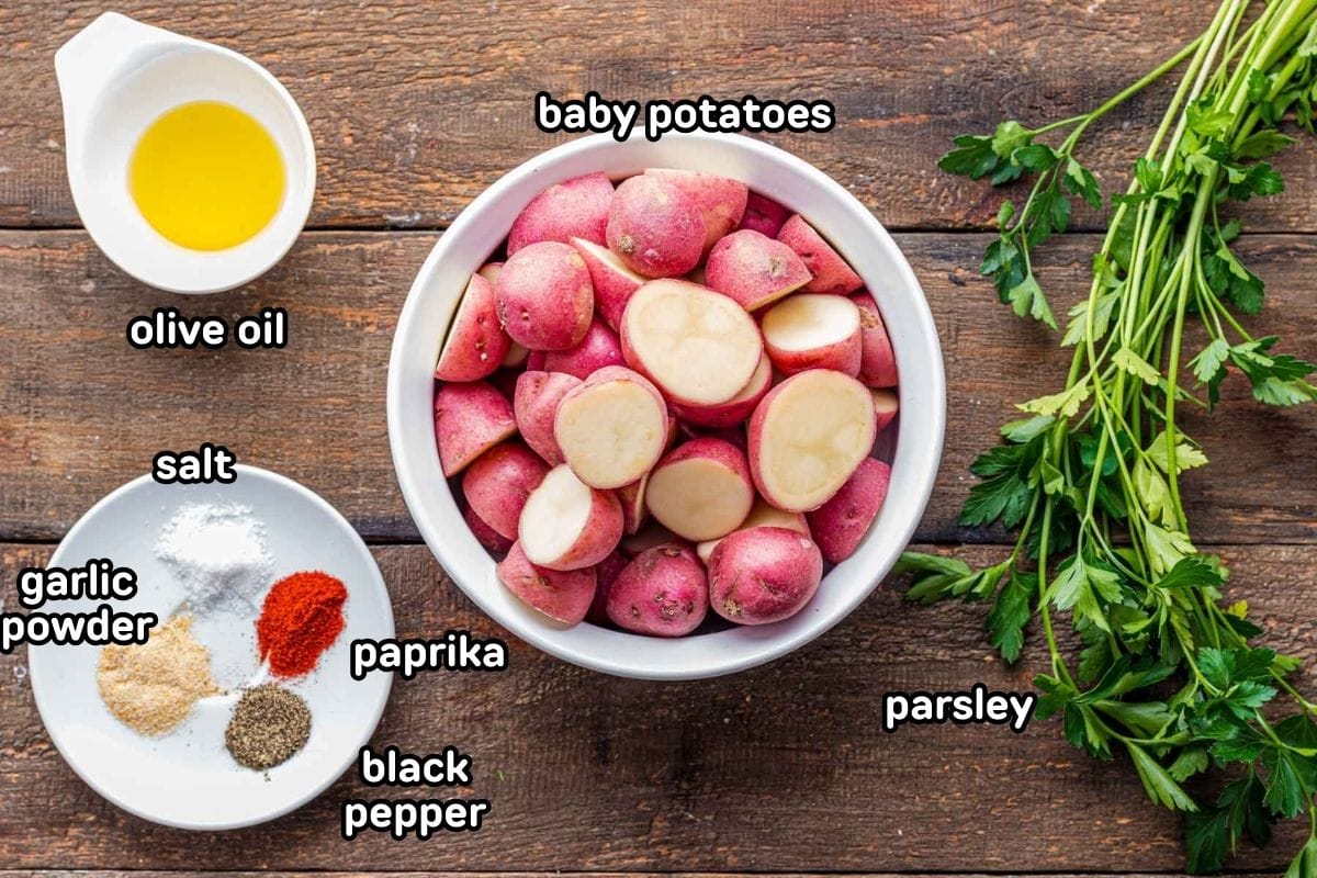 A labeled image of ingredients needed to make air fryer potatoes.