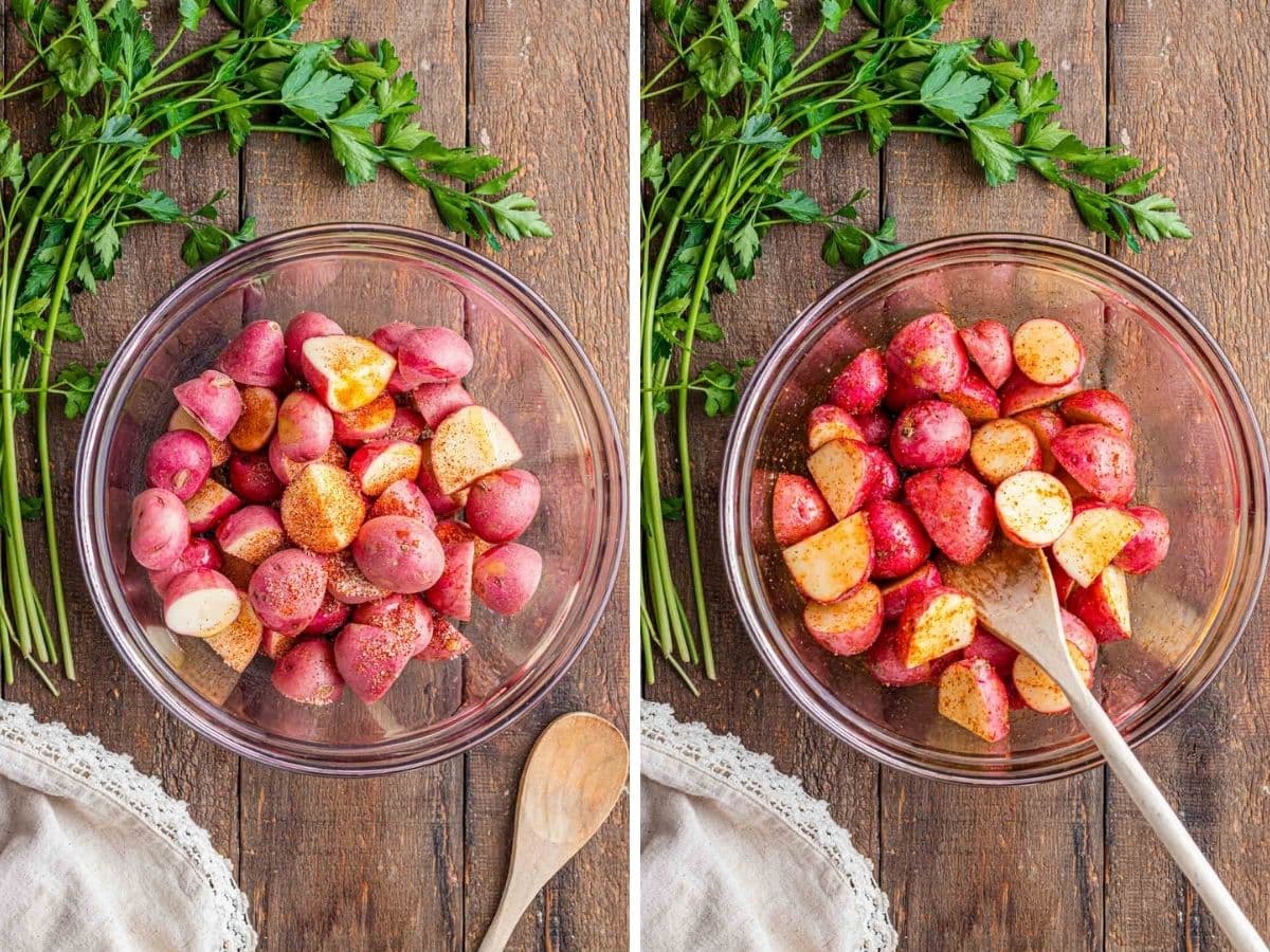 Cut halved red baby potatoes in a glass bowl tossed in seasonings.