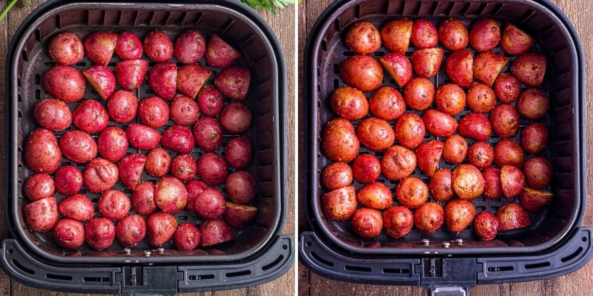 Potatoes placed in the air fryer cut side down.