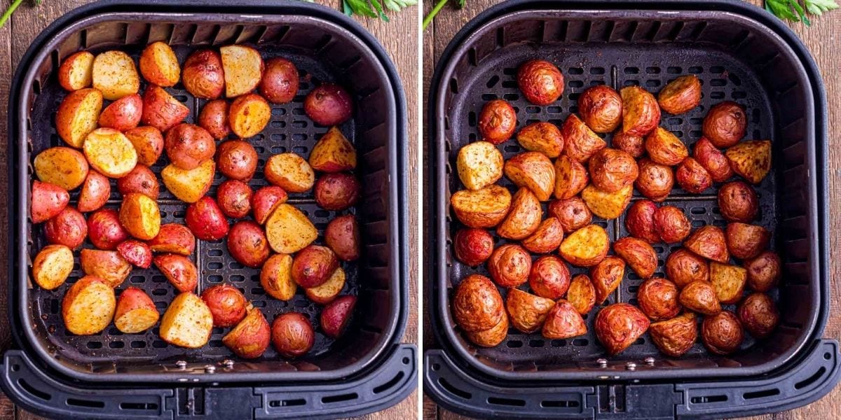 Potatoes after being tossed to flip in the air fryer.