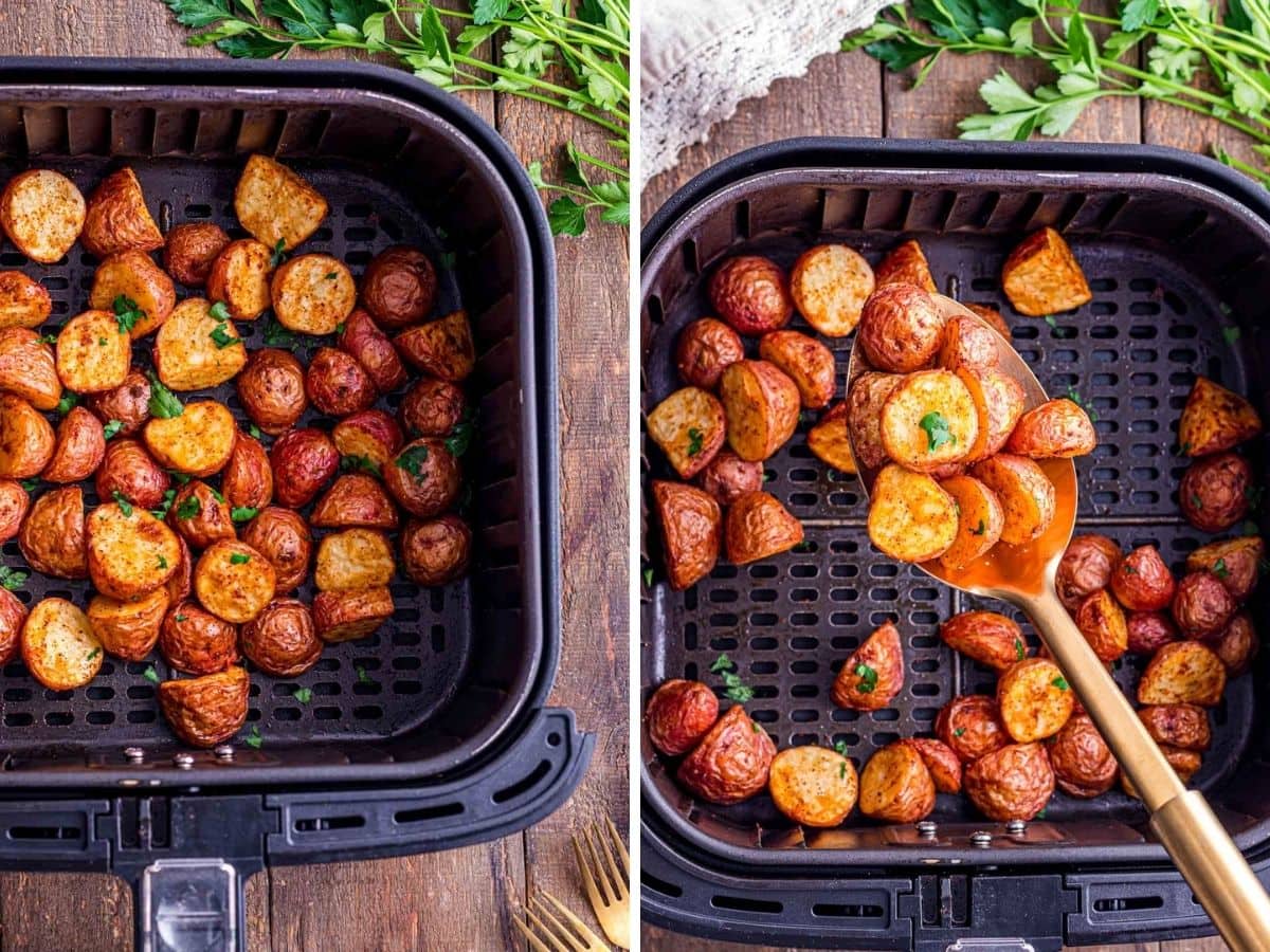 A wooden spoon removing a scoop of potatoes from the air fryer.