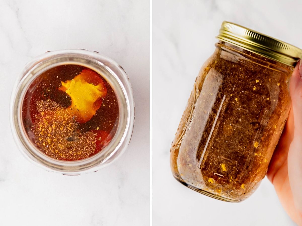A mason jar with apple butter vinaigrette ingredients shaken to combine.