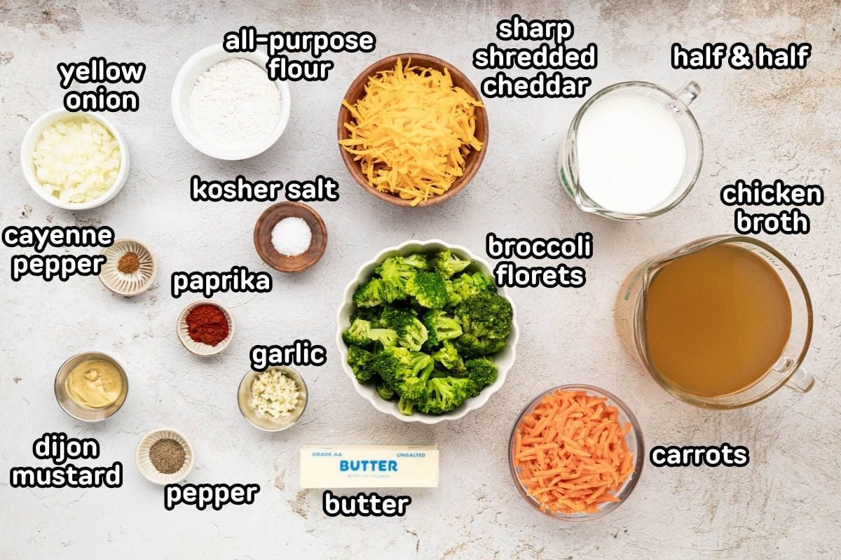 Ingredients needed to make broccoli cheddar soup.