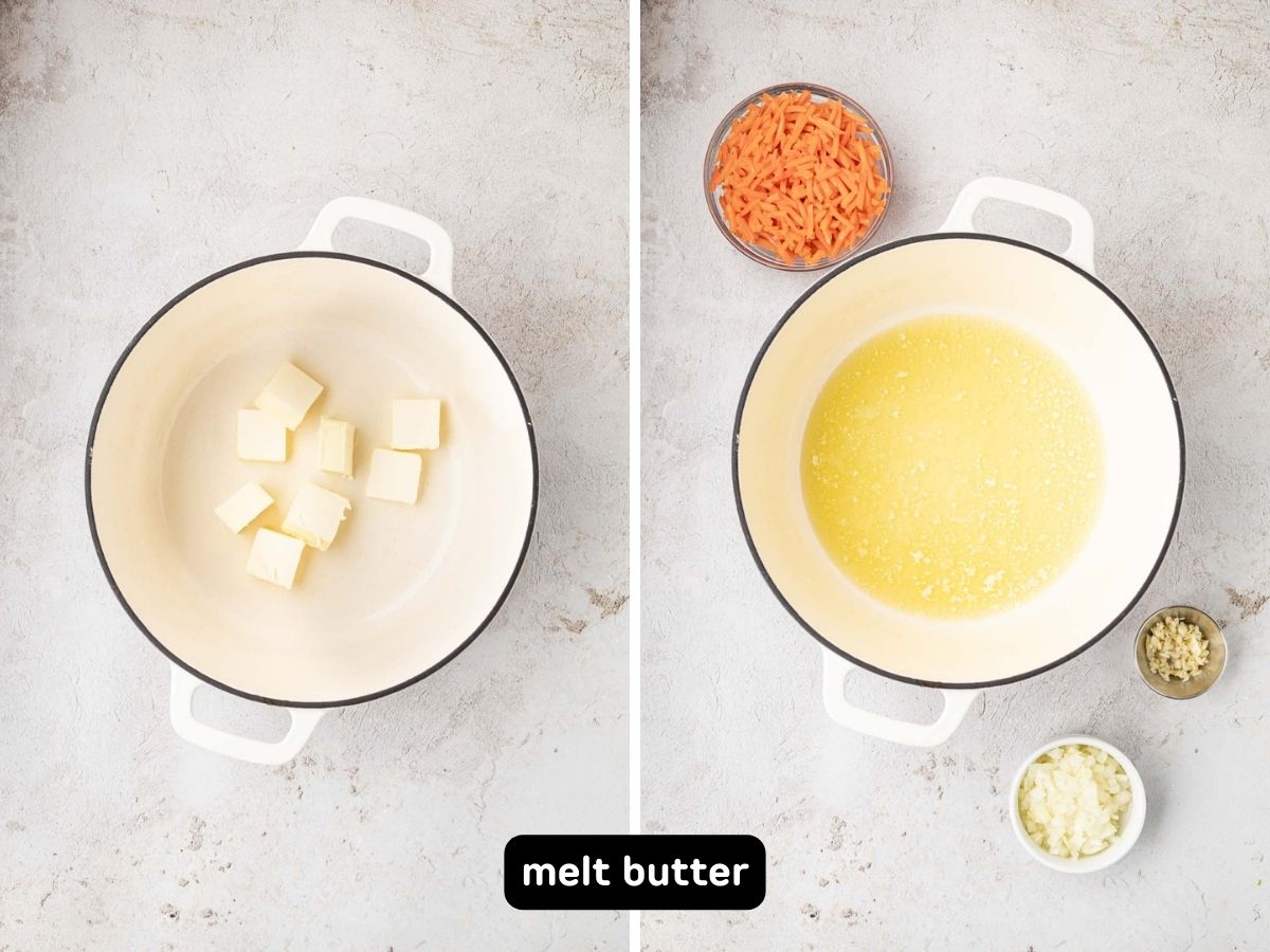 Butter melting inside a large soup pot.