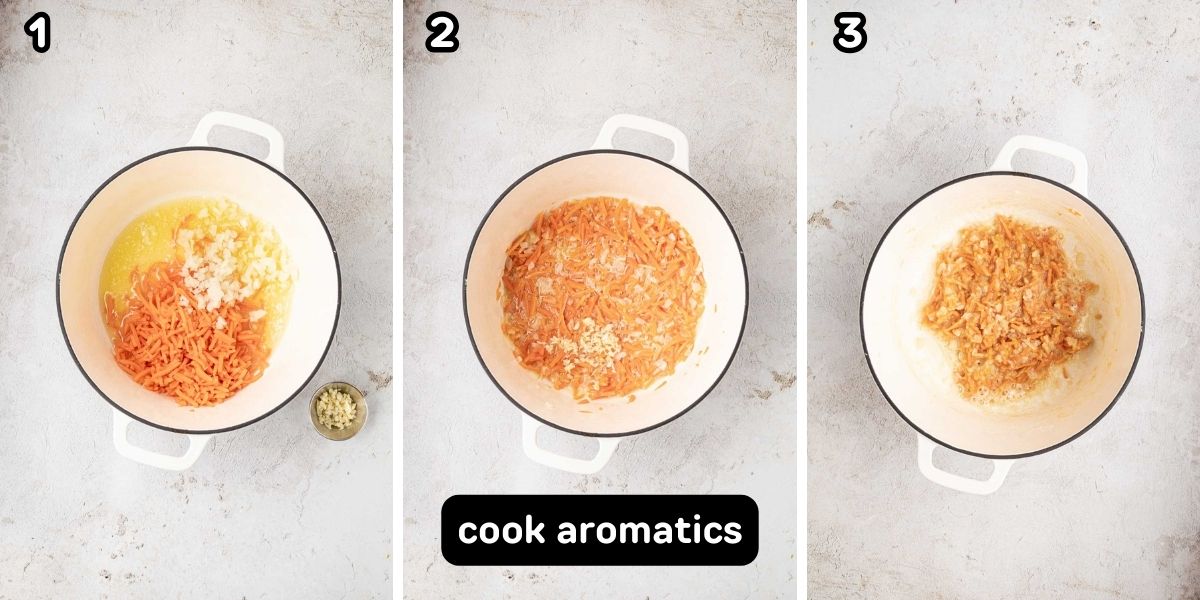 Onion, carrots, and garlic sautéing in a large pot.